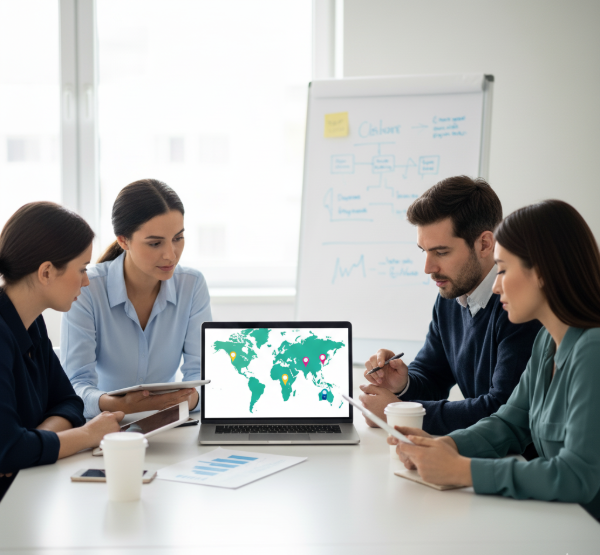 Team of global e-commerce strategists analyzing market data on a laptop with a world map, simplifying product choices for consumers.
