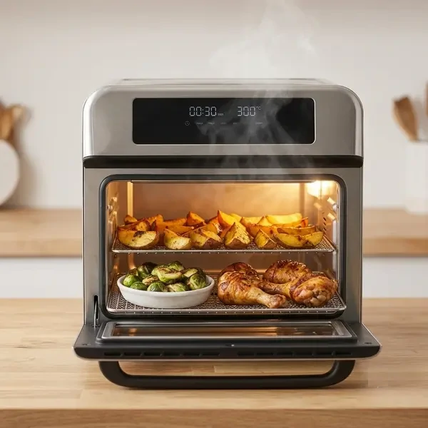 Front view of a modern stainless steel air fryer oven on a wooden countertop with cooked chicken drumsticks, roasted brussels sprouts, and potato wedges visible inside.